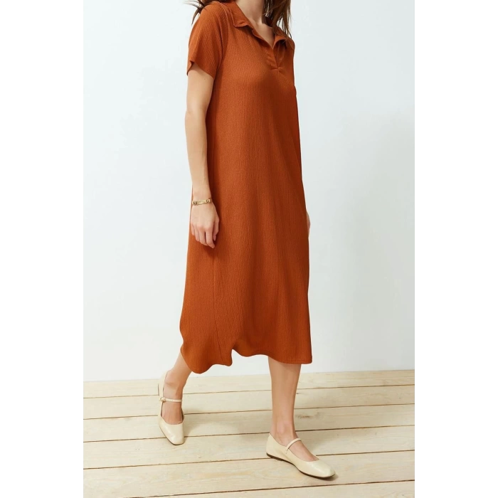 Yeni Rahat Casual Günlük Bürümcük Örme Polo Yaka Kısa Kol T-Shirt Elbise Midi Boy Elbise