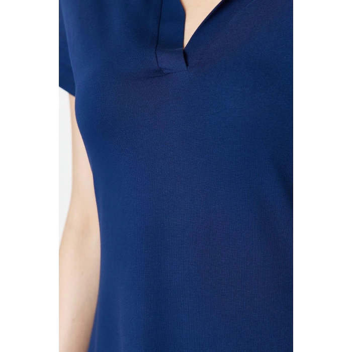 Yeni Regular Casual Günlük Likralı Süprem Örme Polo Yaka Kısa Kol T-Shirt Elbise Midi Boy Elbise