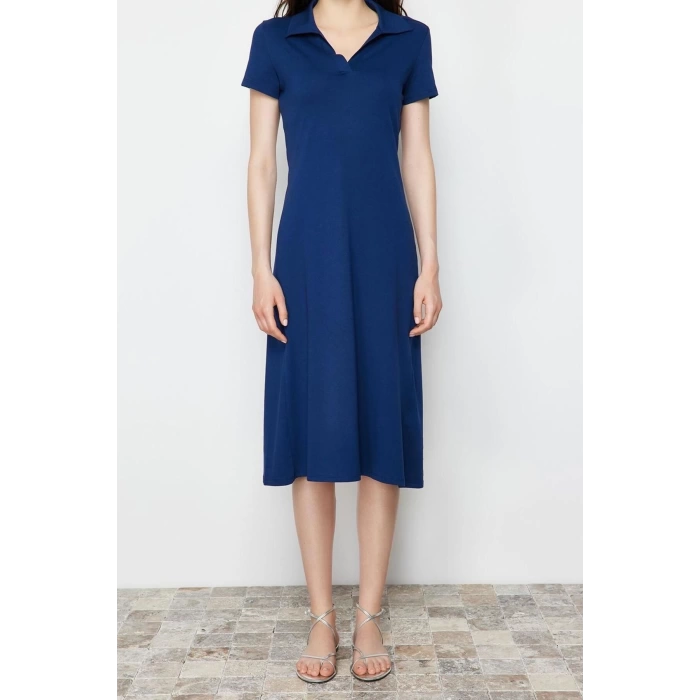 Yeni Regular Casual Günlük Likralı Süprem Örme Polo Yaka Kısa Kol T-Shirt Elbise Midi Boy Elbise