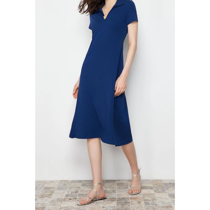 Yeni Regular Casual Günlük Likralı Süprem Örme Polo Yaka Kısa Kol T-Shirt Elbise Midi Boy Elbise