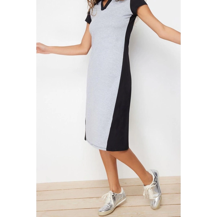Yeni Regular Casual Günlük Likralı Süprem Örme Polo Yaka Kısa Kol T-Shirt Elbise Midi Boy Elbise