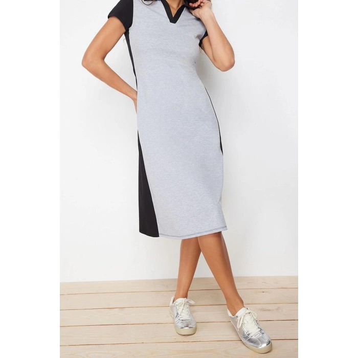 Yeni Regular Casual Günlük Likralı Süprem Örme Polo Yaka Kısa Kol T-Shirt Elbise Midi Boy Elbise