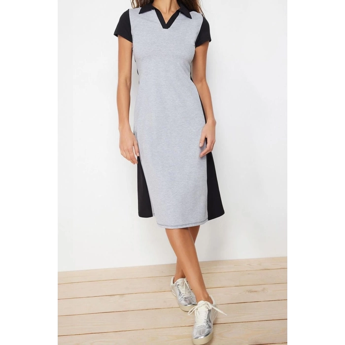 Yeni Regular Casual Günlük Likralı Süprem Örme Polo Yaka Kısa Kol T-Shirt Elbise Midi Boy Elbise