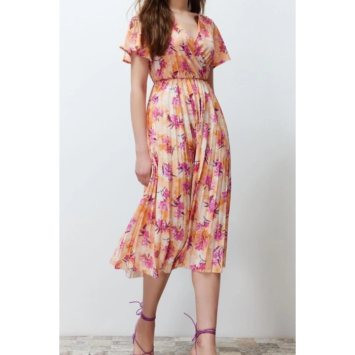 Yeni Regular Casual Günlük Polyester Kaşkorse Örme Kruvaze Kısa Kol A-Line Midi Boy Elbise