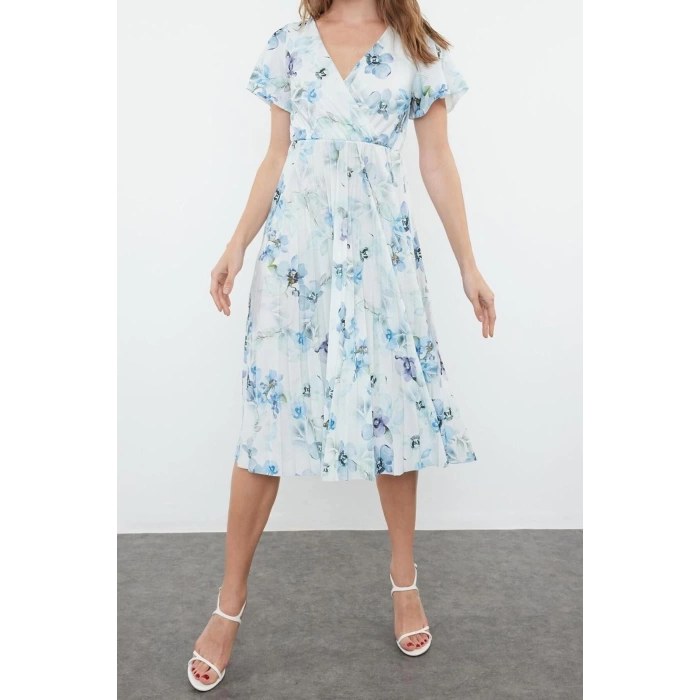 Yeni Regular Casual Günlük Polyester Kaşkorse Örme Kruvaze Kısa Kol A-Line Midi Boy Elbise
