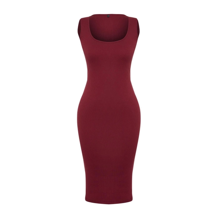 New Slim Casual Daily Regenerated Camisole Knitted Pool Neck Sleeveless Sleeve Bodycone Midi Length Dress