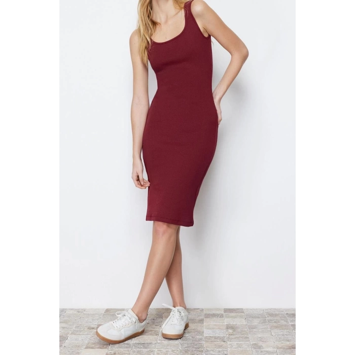 New Slim Casual Daily Regenerated Camisole Knitted Pool Neck Sleeveless Sleeve Bodycone Midi Length Dress