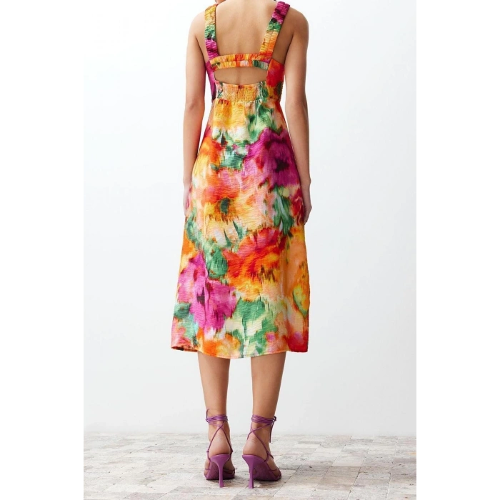 New Regular Casual Daily Lilyum Woven Square Neck Strappy Sleeve A-Line Midi Length Dress