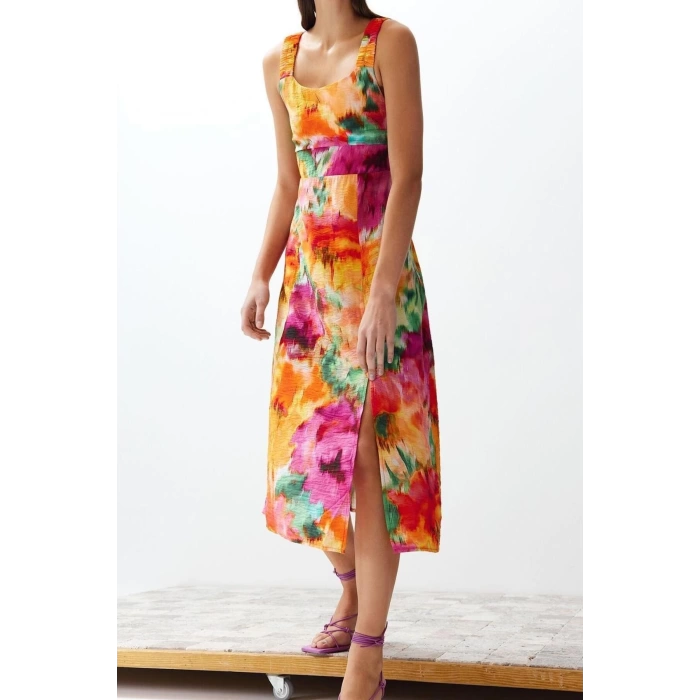 New Regular Casual Daily Lilyum Woven Square Neck Strappy Sleeve A-Line Midi Length Dress