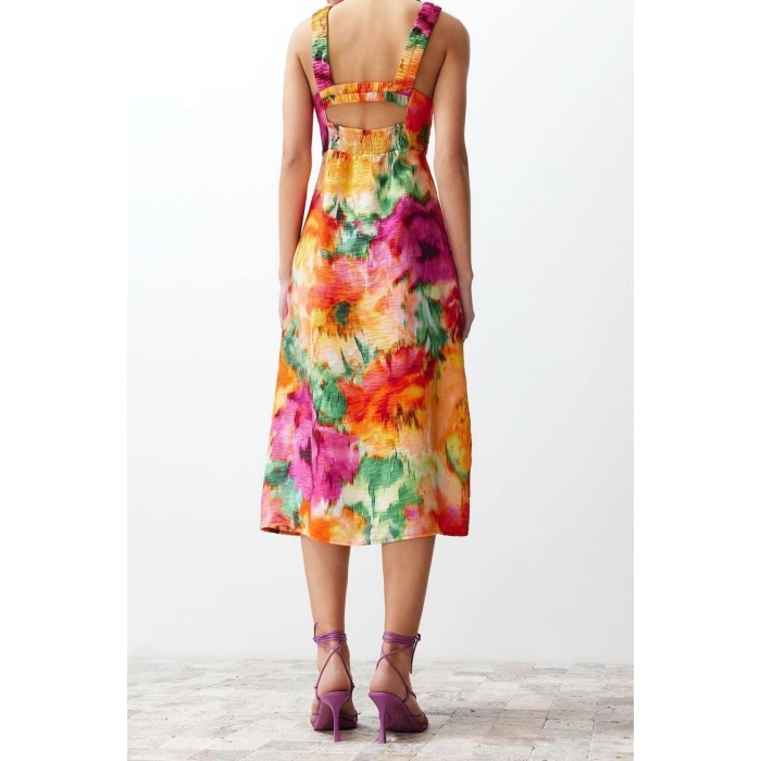 New Regular Casual Daily Lilyum Woven Square Neck Strappy Sleeve A-Line Midi Length Dress