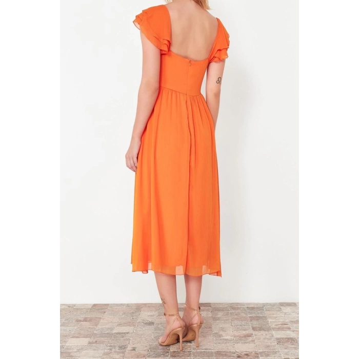 New Regular Day Night Yoryo Chiffon Woven Heart Neck Short Sleeve Skater Midi Length Dress
