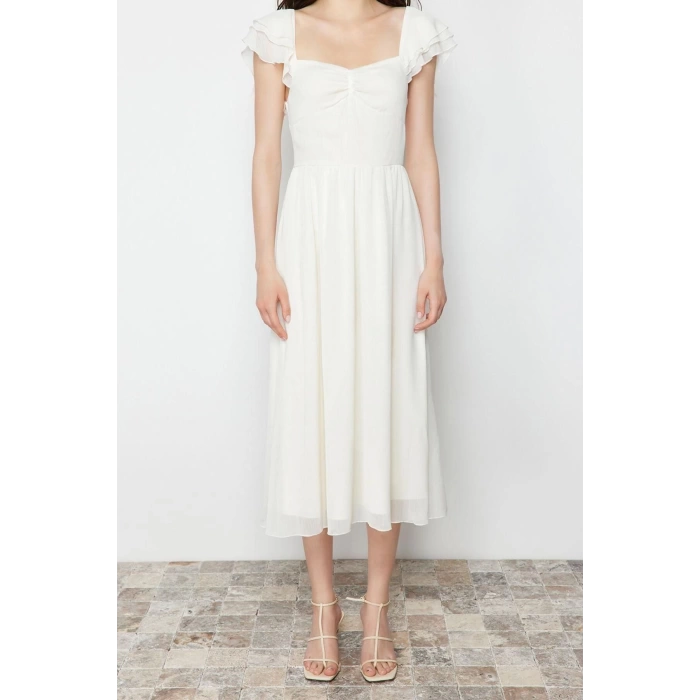 New Regular Day Night Yoryo Chiffon Woven Heart Neck Short Sleeve Skater Midi Length Dress