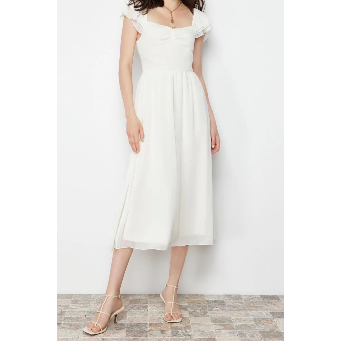 New Regular Day Night Yoryo Chiffon Woven Heart Neck Short Sleeve Skater Midi Length Dress