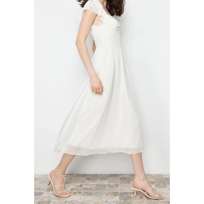 New Regular Day Night Yoryo Chiffon Woven Heart Neck Short Sleeve Skater Midi Length Dress