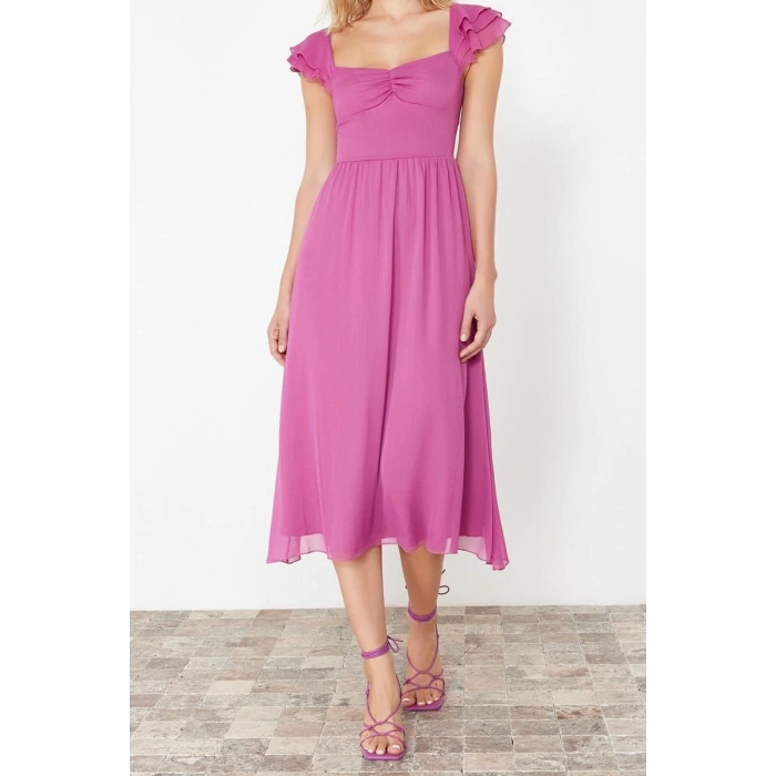 New Regular Day Night Yoryo Chiffon Woven Heart Neck Short Sleeve Skater Midi Length Dress
