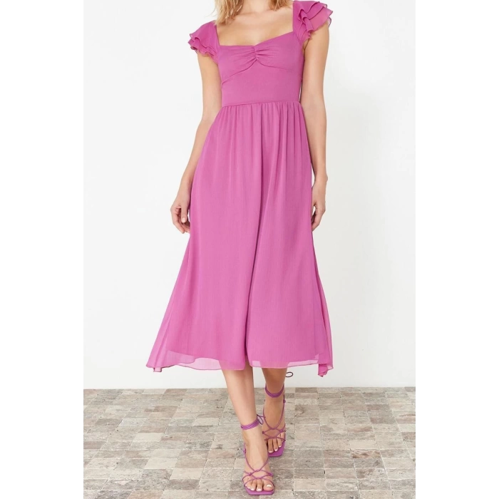 New Regular Day Night Yoryo Chiffon Woven Heart Neck Short Sleeve Skater Midi Length Dress