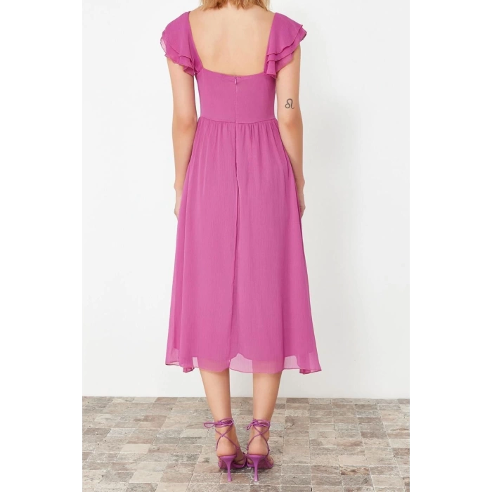 New Regular Day Night Yoryo Chiffon Woven Heart Neck Short Sleeve Skater Midi Length Dress