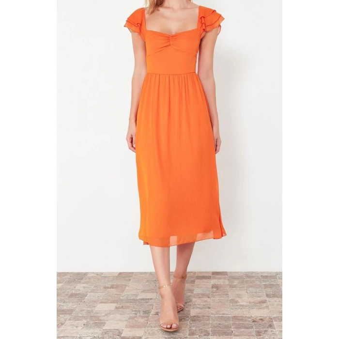 New Regular Day Night Yoryo Chiffon Woven Heart Neck Short Sleeve Skater Midi Length Dress