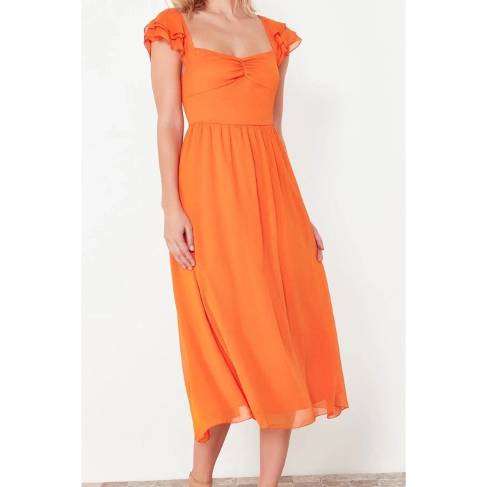 New Regular Day Night Yoryo Chiffon Woven Heart Neck Short Sleeve Skater Midi Length Dress
