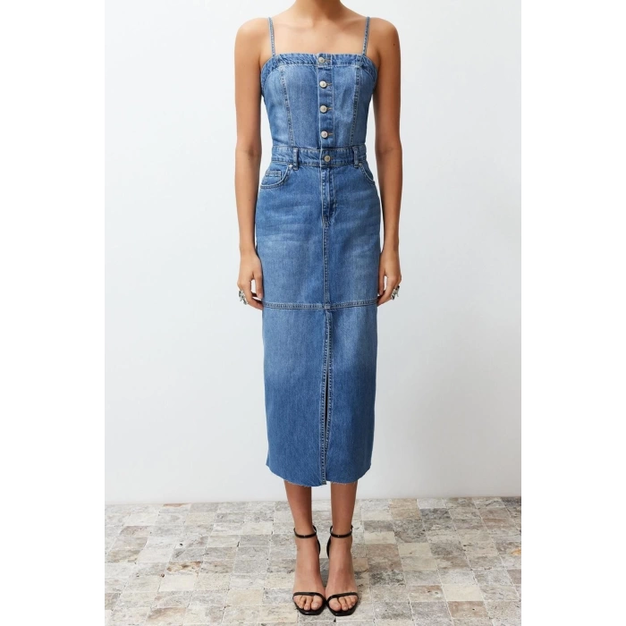 New Fit Casual Daily Rigid Denim Square Neck Strappy Sleeve Basic Maxi Length Dress