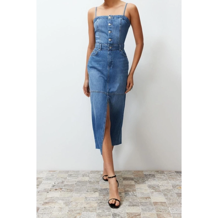 New Fit Casual Daily Rigid Denim Square Neck Strappy Sleeve Basic Maxi Length Dress