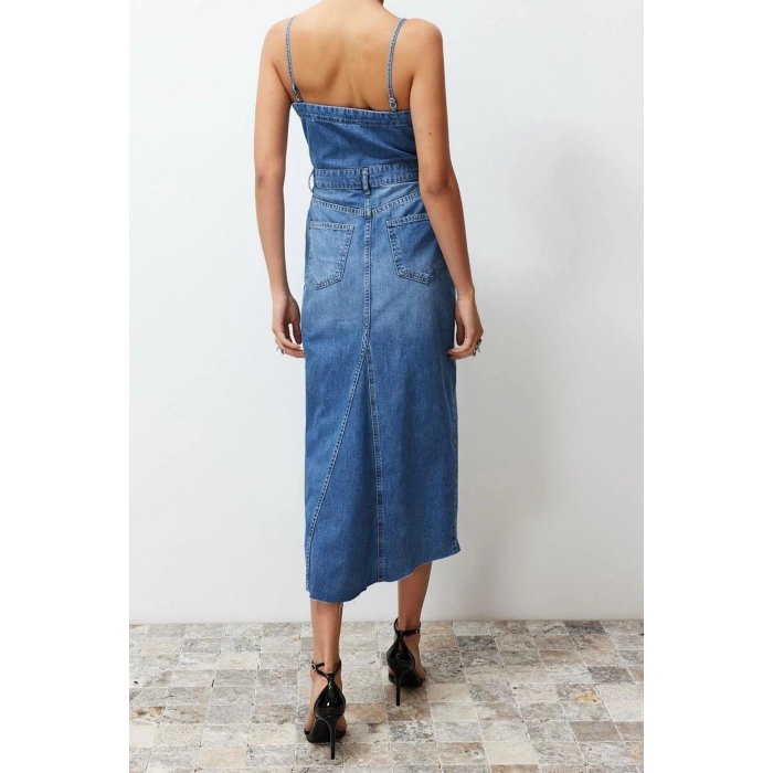 New Fit Casual Daily Rigid Denim Square Neck Strappy Sleeve Basic Maxi Length Dress