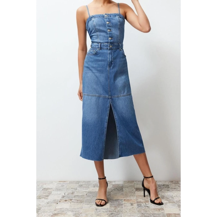 New Fit Casual Daily Rigid Denim Square Neck Strappy Sleeve Basic Maxi Length Dress