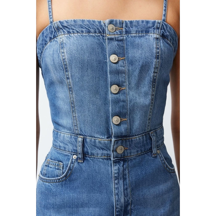New Fit Casual Daily Rigid Denim Square Neck Strappy Sleeve Basic Maxi Length Dress