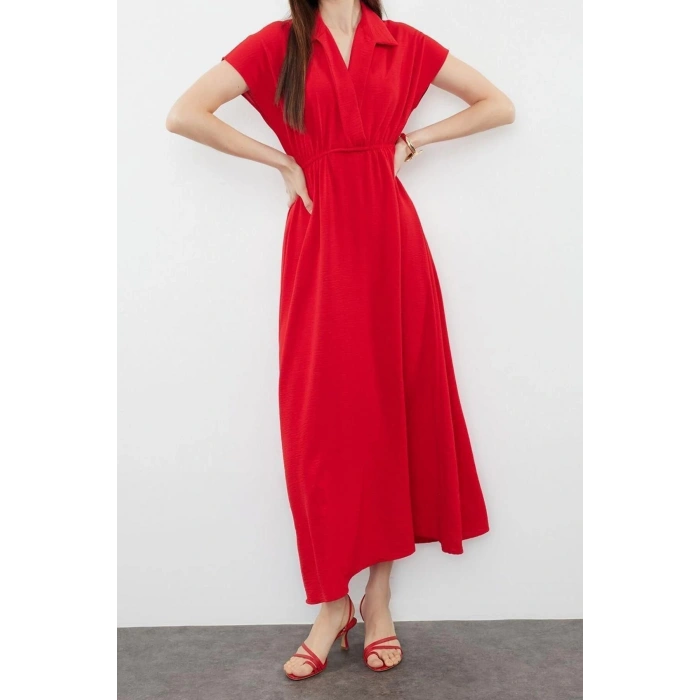 New Regular Casual Daily Aerobin Woven Double Breasted Short Sleeve A-Line Midi Length Dress