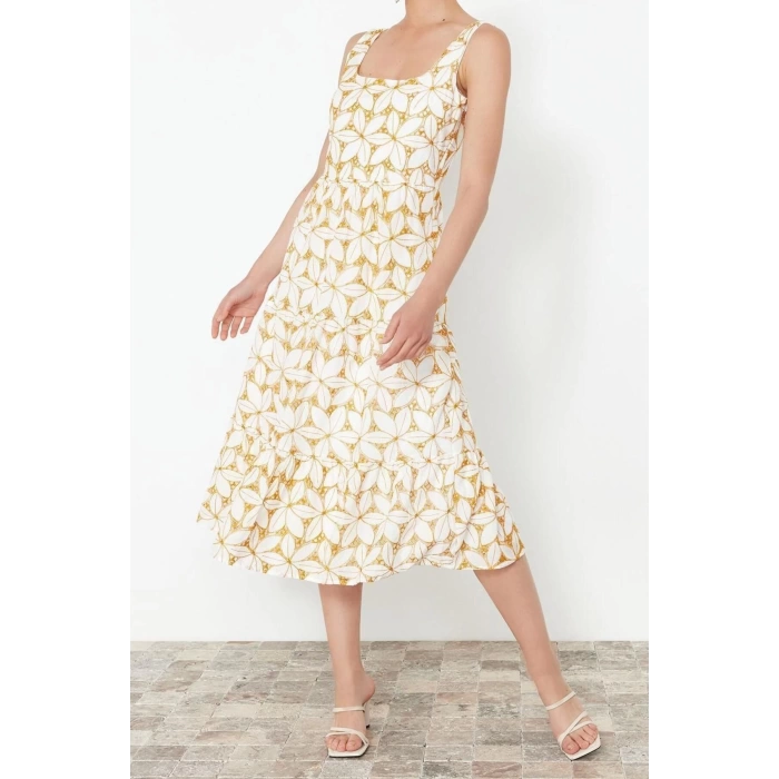 New Regular Casual Daily Embroidered Woven Square Collar Strappy Sleeve Shift Midi Length Dress