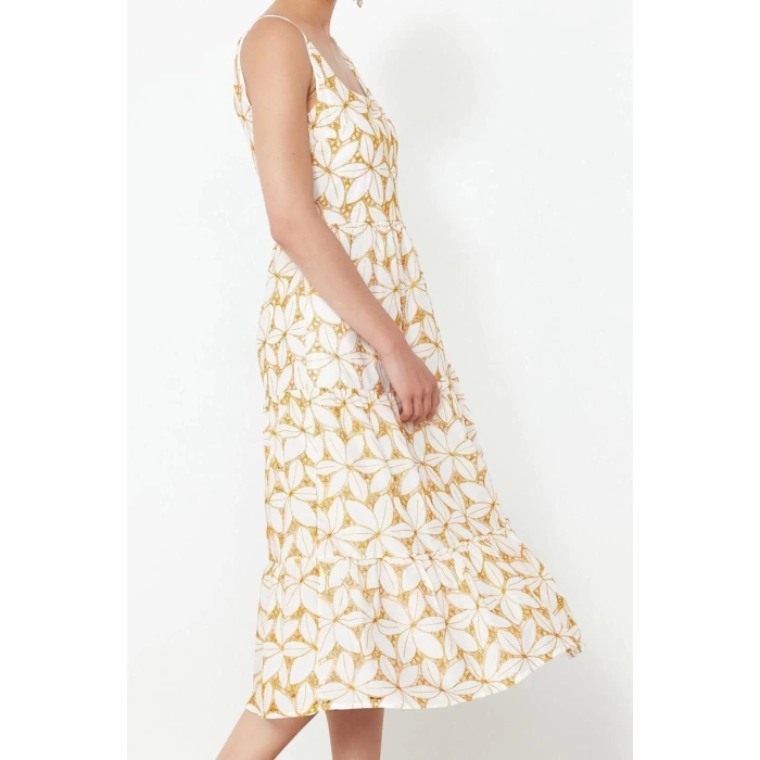 New Regular Casual Daily Embroidered Woven Square Collar Strappy Sleeve Shift Midi Length Dress