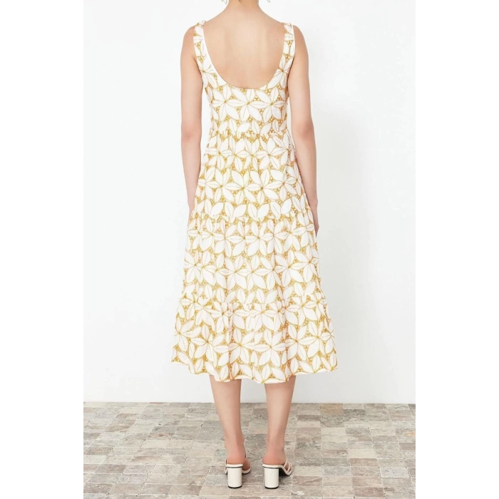 New Regular Casual Daily Embroidered Woven Square Collar Strappy Sleeve Shift Midi Length Dress