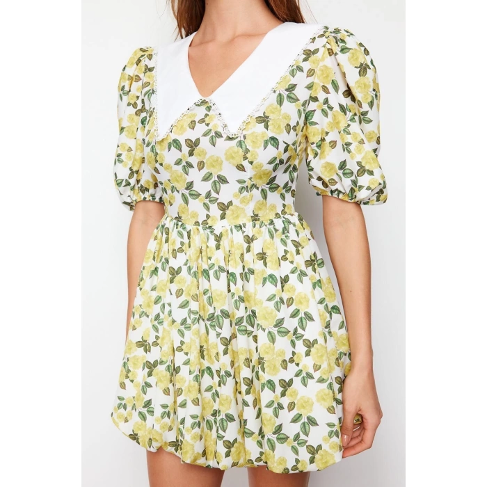 New Regular Day Night Moss Crepe Woven V Neck Short Sleeve Skater Mini Length Dress