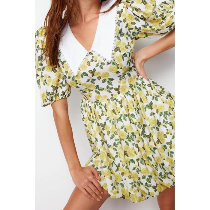 New Regular Day Night Moss Crepe Woven V Neck Short Sleeve Skater Mini Length Dress