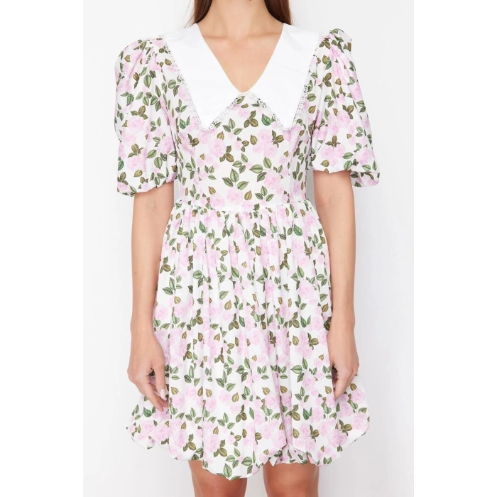 New Regular Day Night Moss Crepe Woven V Neck Short Sleeve Skater Mini Length Dress