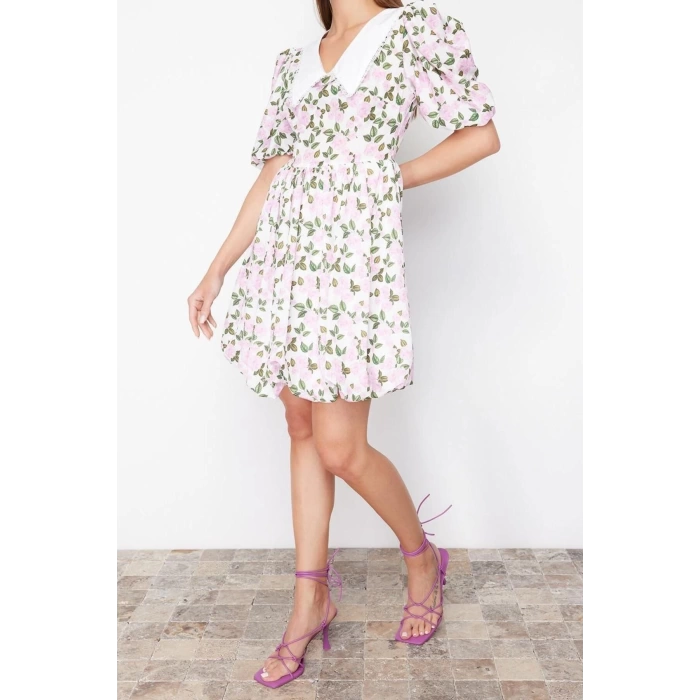 New Regular Day Night Moss Crepe Woven V Neck Short Sleeve Skater Mini Length Dress