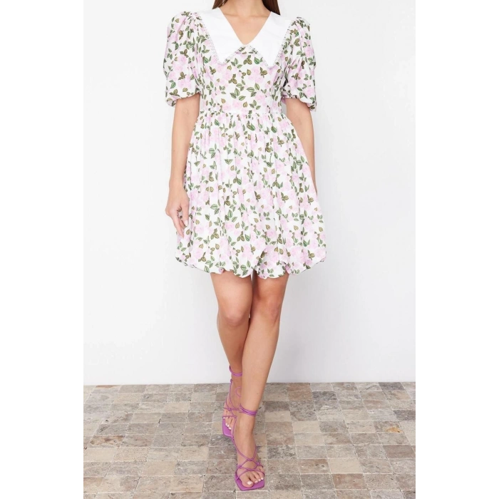 New Regular Day Night Moss Crepe Woven V Neck Short Sleeve Skater Mini Length Dress