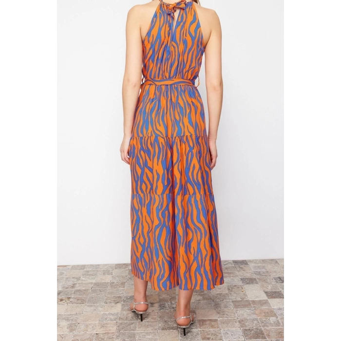 Yeni Regular Casual Günlük Shally Dokuma Halter Yaka Kolsuz Kol Shift Maxi Boy Elbise
