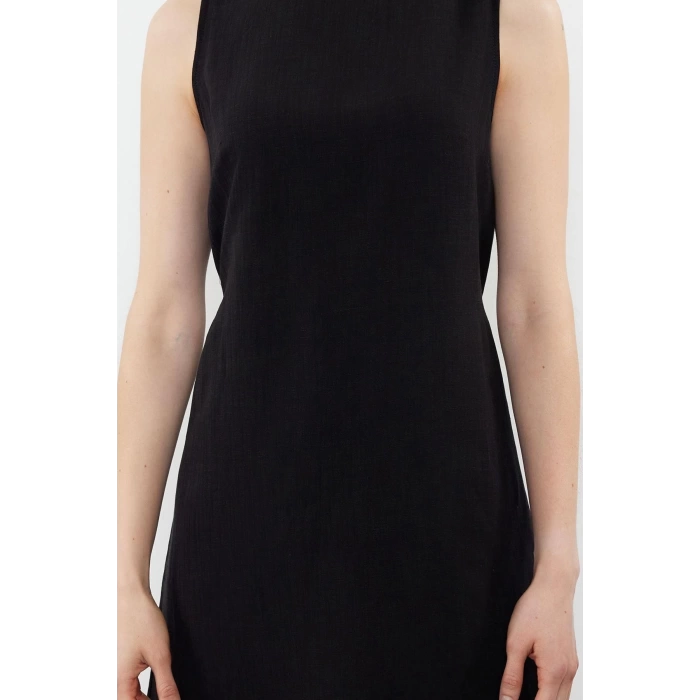 New Regular Day Night Linen Blend Woven Crew Neck Strappy Sleeve A-Line Mini Length Dress