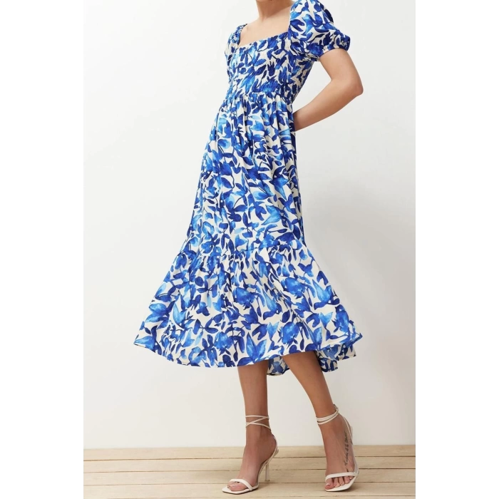 New Regular Casual Daily Shally Woven Square Neck Short Sleeve Skater Midi Length Dress