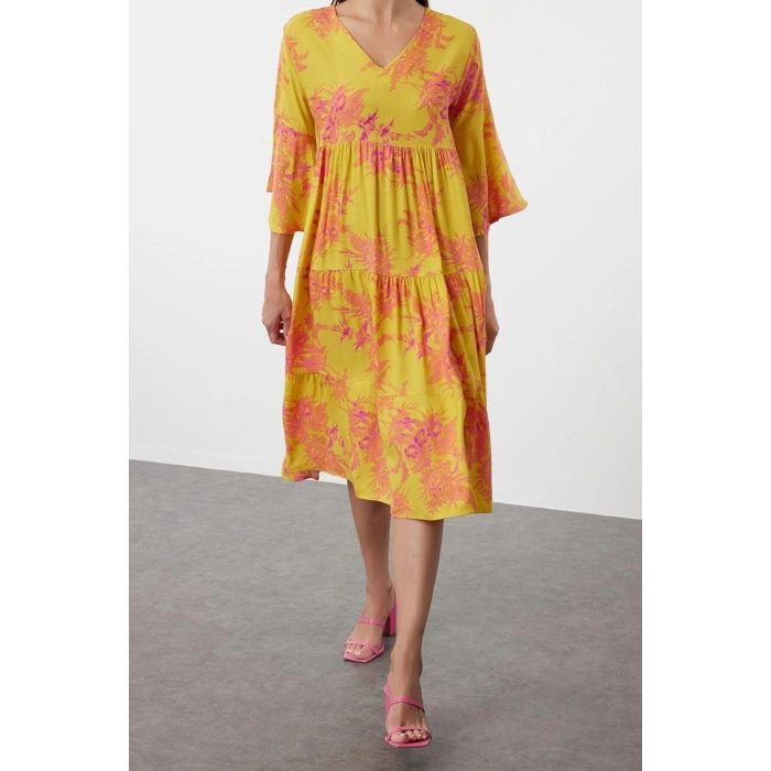 New Regular Casual Daily Shally Woven V Neck Three Quarter Sleeve Shift Midi Length Dress