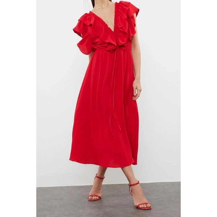 New Regular Casual Daily Aerobin Woven V Neck Short Sleeve A-Line Midi Length Dress