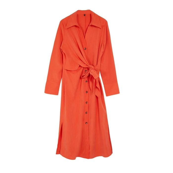 New Regular Casual Daily Lilyum Woven Shirt Collar Long Sleeve Shirt Dress Midi Length Dress