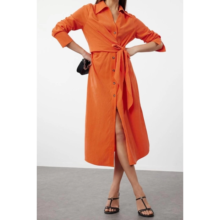 New Regular Casual Daily Lilyum Woven Shirt Collar Long Sleeve Shirt Dress Midi Length Dress