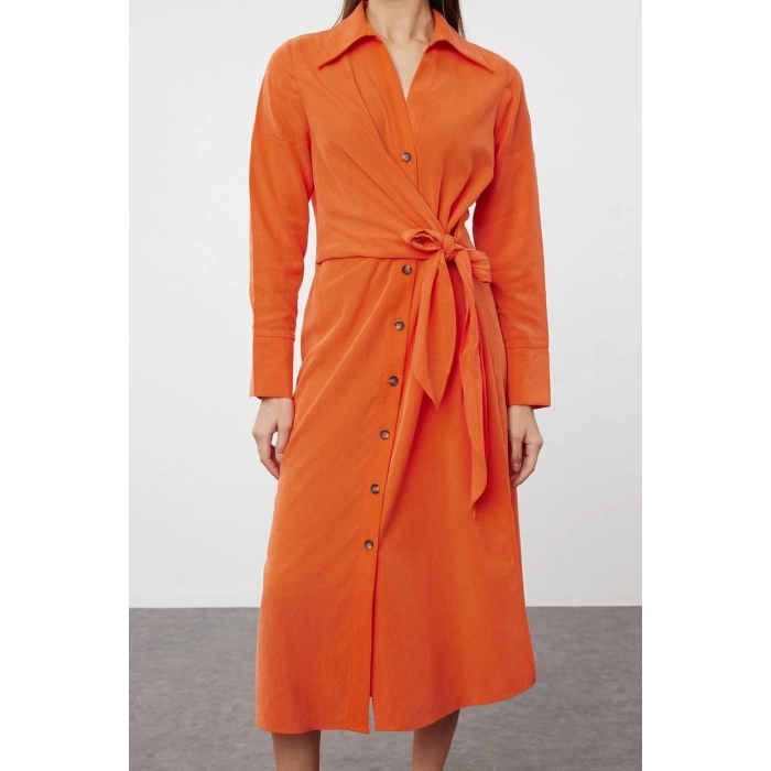 New Regular Casual Daily Lilyum Woven Shirt Collar Long Sleeve Shirt Dress Midi Length Dress