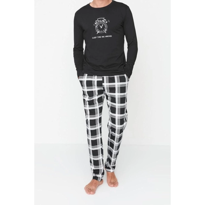 Mens 100% Cotton Crew Neck Long Sleeve Regular Fit Crew Neck Pajama Set