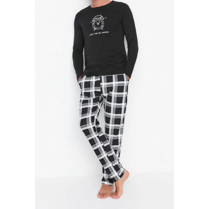 Mens 100% Cotton Crew Neck Long Sleeve Regular Fit Crew Neck Pajama Set