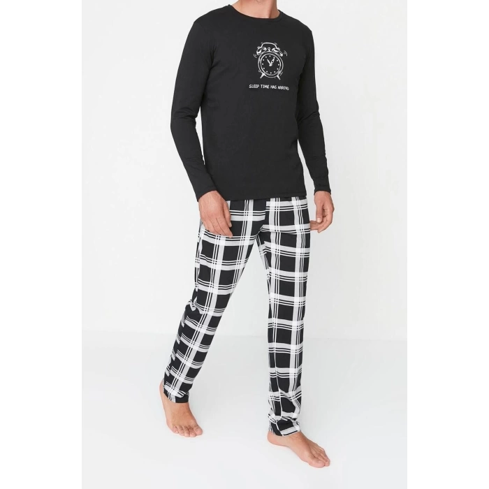 Mens 100% Cotton Crew Neck Long Sleeve Regular Fit Crew Neck Pajama Set