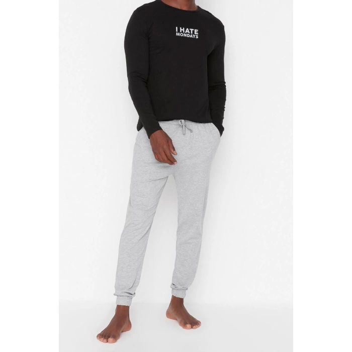 Erkek %100 Pamuk Bisiklet Yaka Uzun Kol Slogan Baskılı Regular Fit Örme Pijama Takımı