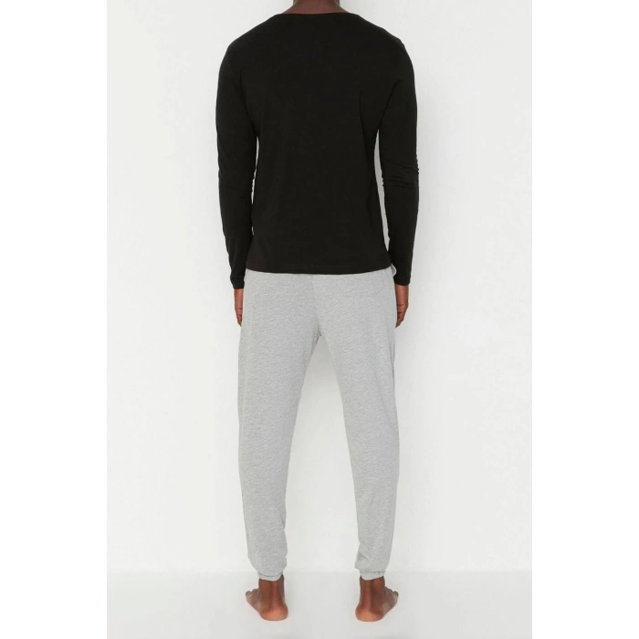 Erkek %100 Pamuk Bisiklet Yaka Uzun Kol Slogan Baskılı Regular Fit Örme Pijama Takımı